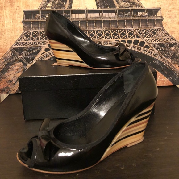 Nebuloni Wedge Patent Leather Peep Toe Heels Bow